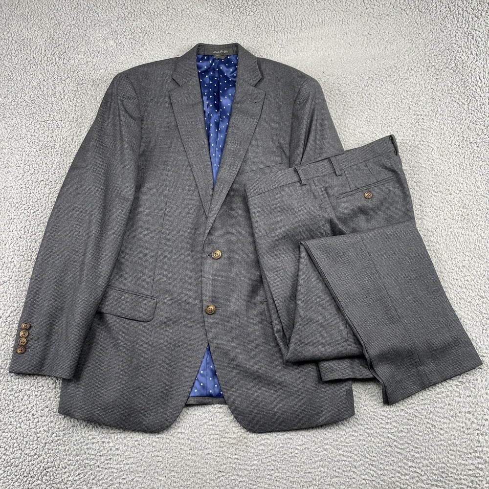 Indochino Suit Mens 44R 38W31L Gray Two Button Wool Micro Check Polka Dot Lining